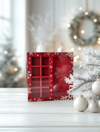 Коробка с окном 8 конфет плитка шоколада Золотые снежинки, 177х178,5х38,5 мм (дно и обечайка)