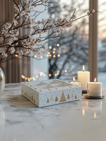Коробка с окном 4 макаронс/моти/конфеты Золотые елочки, 126х126х35 мм (крышка-дно) — изображение 3