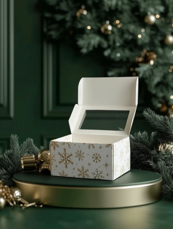 Коробка с окном под 2 капкейка Снежинки на белом, 160х100х80 мм