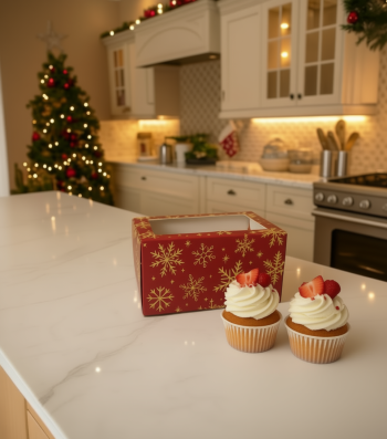 Коробка с окном под 2 капкейка Снежинки на красном, 160х100х80 мм — изображение 2